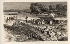 En träflotte på Donau, för transport av varor och människor, teckning av Lancelot, för att illustrera Victor Duruys resa från Paris till Bukarest 1860. Gravyr i "" Le tour du monde", redigerad av Edouard Charton