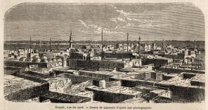 Allmän bild av Tripoli, teckning av Lancelot, för att illustrera baron de Kraffts tripolitanska promenader 1860. Gravyr i ”” Le tour du monde”” 1861. Selvas samling. av Dieudonne Auguste Lancelot