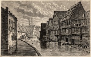 Gamla garverier, i Ulm, teckning av Lancelot, för att illustrera Victor Duruys resa från Paris till Bukarest 1860. Gravyr i "" Le tour du monde", redigerad av Edouard Charton av Dieudonne Auguste Lancelot