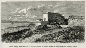 Giuseppe Garibaldis (1807-1882) hus i La Caprera (Sardinien), graverat efter en teckning av D. Lancelot, för att illustrera historien om Syrien idag, av Mr. Lortet, dekanus vid Medicinska fakulteten i Lyon, anklagad för ett vetenskapligt uppdrag av departe