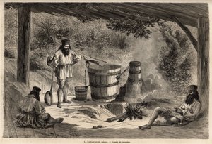Tillverkning av rakiou, spannmålsalkohol, typ av snaps mycket vanlig i Rumänien. Gravyr för att illustrera resan från Paris till Bukarest, av Lancelot, ritare, 1860, publicerad i "Le tour du monde, nouveau journal des voyages", under direktivet