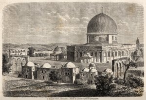 Omars moské, byggd 691 i Jerusalem, ritad av Lancelot, för att illustrera herr Bidas resa till Palestina 1856. Gravyr i "" Le tour du monde, nouveau journal des voyages"" Paris