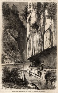 Dragbanan på Donaus strand gräver sig in i klippväggen, även kallad Trajanus väg (53-117, romersk kejsare), som fick den att tränga igenom, för hans expedition mot dacierna i norra Donau (100- 103). Teckning av Lancelot, för att illustrera h