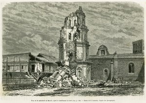 Tower of the Cathedrale of Manila, efter jordbävningen den 18 juli 1880. Gravyr av Lancelot för att illustrera historien Lucon och Palaouan, sex år i Filippinerna, av Alfred Marche