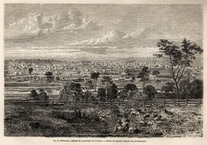 Vy över Melbourne (Australien), teckning av Lancelot, för att illustrera minnen av en fransk husockupant i Australien, 1854-1859, av M. de Castella. Gravyr i ”” Le tour du monde”” 1861. Selvas samling. av Dieudonne Auguste Lancelot