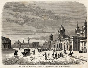 Utsikt över ett torg i Santiago (Chile), teckning av Lancelot, för att illustrera resan till Sydamerika, 1823, av Giovanni Mastai Ferretti (1792-1878, framtida Pius IX). Gravyr i "" Le tour du monde, nouveau journal des voyages"" Paris av Dieudonne Auguste Lancelot