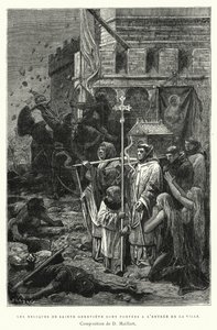 Sankt Genevieves reliker bärs vid ingången till staden (gravyr) av Diogene Ulysse Napoleon Maillart