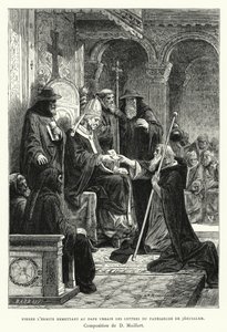 Eremiten Peter levererar till påven Urban breven från patriarken av Jerusalem (gravyr)