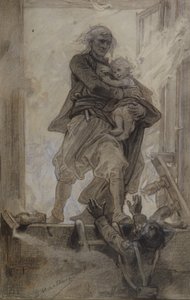 Markisen av Lantenac räddar ett barn, illustration från Quatre-vingt-treize av Victor Hugo (1802-85) (penna, krita och gouache på papper)
