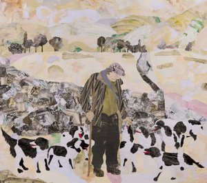 En man och hans hundar i snö, 2018 (collage)