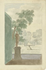 Design för en väggdekoration i en hall: Utsikt över en trädgård med staty, fontän och urnor av Dionys van Nijmegen (possibly)