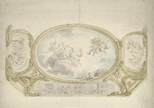 Design för en takmålning: oval med allegorisk representation, omgiven av scener med putti av Dionys van Nijmegen (possibly)