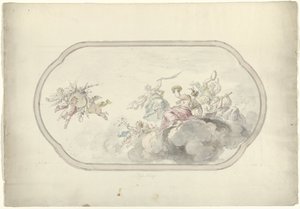Design för en takmålning med musikskapande kvinnor och putti med en blomsterkorg som allegori på Blijdschap