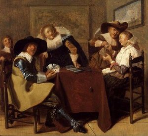 En elegant kortfest (olja på panel) av Dirck (attr. to) Hals