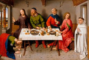 "Kristus hos fariséen Simon" (Kristus i Simon fariséens hus) Maria Magdalena skickar salva på Jesu fötter - Målning av Dirk (Dieric) Bouts, dit le Vieux (1410/20-1475) , c 1450 - Olja på trä, 40,5x61 - Staatliche Museen, Berl
