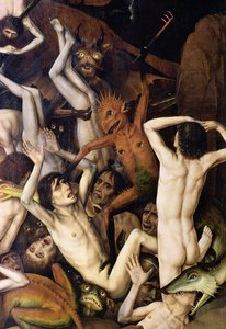 Helvete, detalj av en demon som slår de fördömda, ca 1450