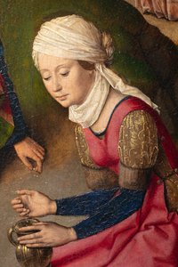 Församlingskyrka (Parochiekerk Sint-Pieter). Målning. Sista måltiden. Dirk Bouts. 1464-1468. Detalj. Höger panel. av Dirck Bouts