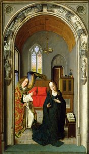 The Annunciation, c.1445 olja på panel detalj av 36895 av Dirck Bouts