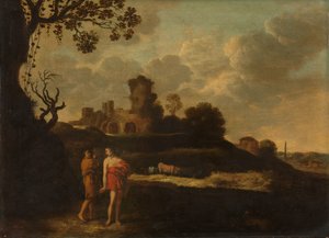 Arkadiskt landskap med herdar och boskap av Dirck Dalens (I)