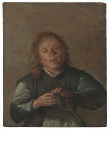 En pojke som sjunger och spelar klaff (olja på panel) av Dirck Hals