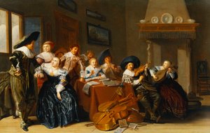 Eleganta figurer med instrument som sitter vid ett bord och en ung dam som sjunger i en interiör, 1637