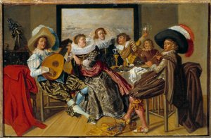 Galant möte Musiker och unga kvinnor spelar musik och höjer sina glasögon på en fest. Målning av Dirk Hals (1591-1656) 1625 Sön. 0,3x0,46 m