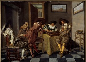 Delen av tric trac (tri-trac: gammalt backgammonspel). Målning av Dirk Hals (1591-1656), ca 1615-1625. Olja på trä. Mått: 0,38 X 0,53 m. Lille, Musee Des Beaux Arts - Tic-trac-spelare ("Trictrac: antikt backgammonspel). Målning av Dirk Hals (159