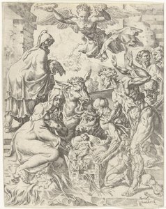 Tillbedjan av herdarna Mänsklighetens fall och återlösning genom Kristi liv och lidande (serietitel) av Dirck Volckertsz. Coornhert (attributed to)