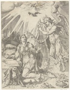 Tillkännagivande Mänsklighetens fall och återlösning genom Kristi liv och lidande (serietitel) av Dirck Volckertsz. Coornhert (attributed to)