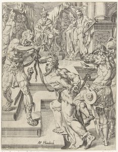 Kristus före Kaifas Mänsklighetens fall och återlösning genom Kristi liv och lidande (serietitel) av Dirck Volckertsz. Coornhert (attributed to)
