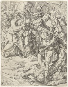 Judas kyss och arrestering av Kristus Fall och mänsklighetens återlösning genom Kristi liv och lidande (serietitel) av Dirck Volckertsz. Coornhert (attributed to)