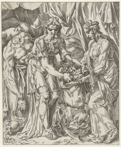 Judit stoppar Holofernes huvud i en påse Judit och Holofernes (serietitel) av Dirck Volckertsz. Coornhert (attributed to)