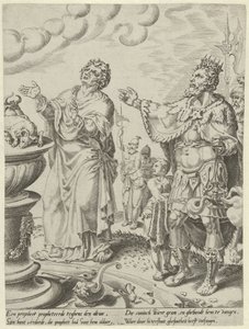 kung Jerobeam och gudsmannen framför altaret Story of the Disobedient Man of God (serietitel) av Dirck Volckertsz. Coornhert (attributed to)