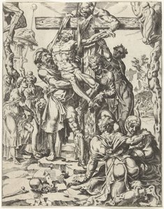 Nedstigning från korset Mänsklighetens fall och återlösning genom Kristi liv och lidande (serietitel) av Dirck Volckertsz. Coornhert (attributed to)
