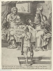 Måltid av gudsmannen och den gamle profeten Story of the Disobedient Man of God (serietitel) av Dirck Volckertsz. Coornhert (attributed to)