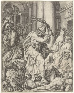 Utvisning av växlarna från templet Mänsklighetens fall och återlösning genom Kristi liv och lidande (serietitel) av Dirck Volckertsz. Coornhert (attributed to)