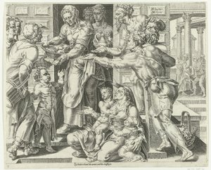 Den dygdiga kvinnan utövar välgörenhet Praise the Virtuous Housewife (serietitel) av Dirck Volckertsz. Coornhert