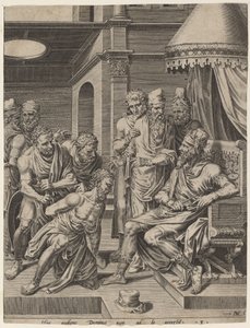 Den obarmhärtige tjänaren framställd inför kungen av Dirck Volckertz Coornhert, after Maerten van Heemskerck