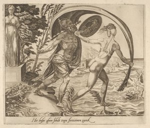 En sköld är till ingen nytta när Fortune vänder ryggen till från sex ordspråk om Fortune, ca. 1560. av Dirck Volkertsen Coornhert