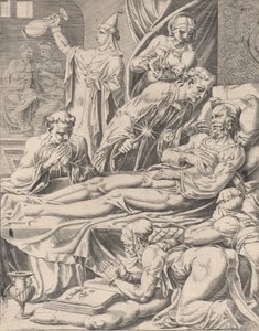 Den rike mannen på sin dödsbädd, från liknelsen om Lazarus och den rike mannen, plåt 2, 1551.