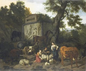 Landskap med herdar och boskap nära en grav av Dirck van Bergen