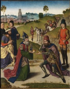 Nattvardens altartavla: Mötet mellan Abraham och Melkisedeks vänstra flygel, 1464-1468