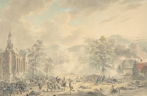 Stridsplats med kyrkan till vänster, ca. 1790-1800.
