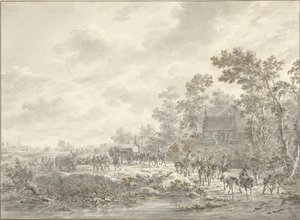 En armé marscherar genom en by av Dirk Langendijk