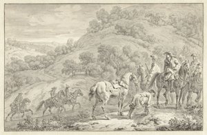Bergslandskap med en nedstigen ryttare och andra jägare till häst