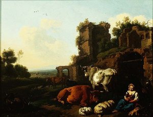 Landskap med herdinna, ca 1670 (olja på panel) av Dirk van Berghen
