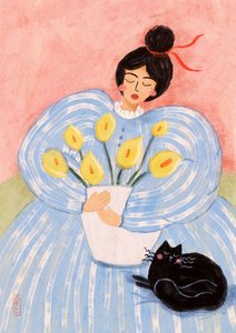 Kvinna med blommor och katt