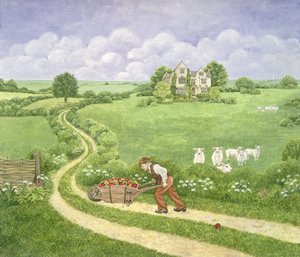 Äppelkärran: Joseph Poorgrass rullar en tunna äpplen till Bathshebas residens, från Far from the Madding Crowd, av Thomas Hardy