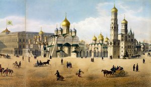 Bebådelsens och ärkeängelns katedraler, från ett panorama av Moskva, graverade av Philippe Benoist 1813-c.1905 och Aubrun, pub. av Lemercier litho detalj av 105099 av Dmitri Indieitzeff