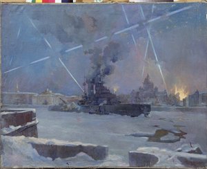 Tungt artilleri på Neva i Leningrad (Sankt Petersburg, Ryssland) 1942. (En kurass på den frusna floden försvarar den brinnande staden mot luftangrepp, under belägringen av Leningrad). Avsnitt av andra världskriget (1939-1945). Målare av Dmitri Nikiforovich Martynov